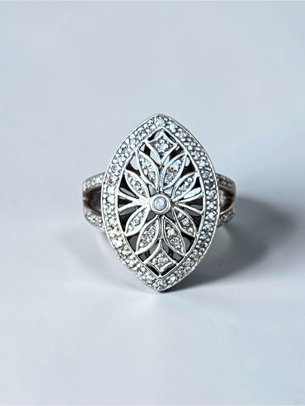Sterling Silver Diamond Floral Filigree Marquise Ring Size 6.25